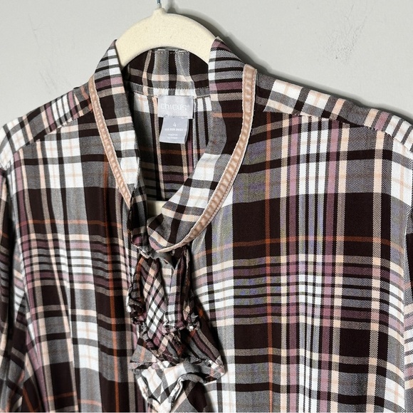 Chicos Size 4 Ruffle Front Brown Plaid Button Front Blouse Top Office Business - Picture 6 of 12